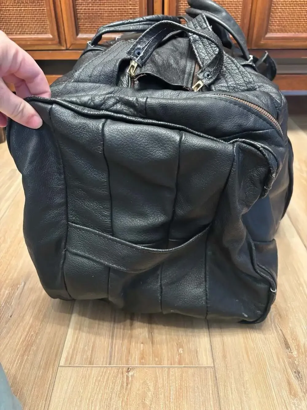 70s Vintage Large Black Genuine Cowhide Leather Travel Duffle Weekender Bag